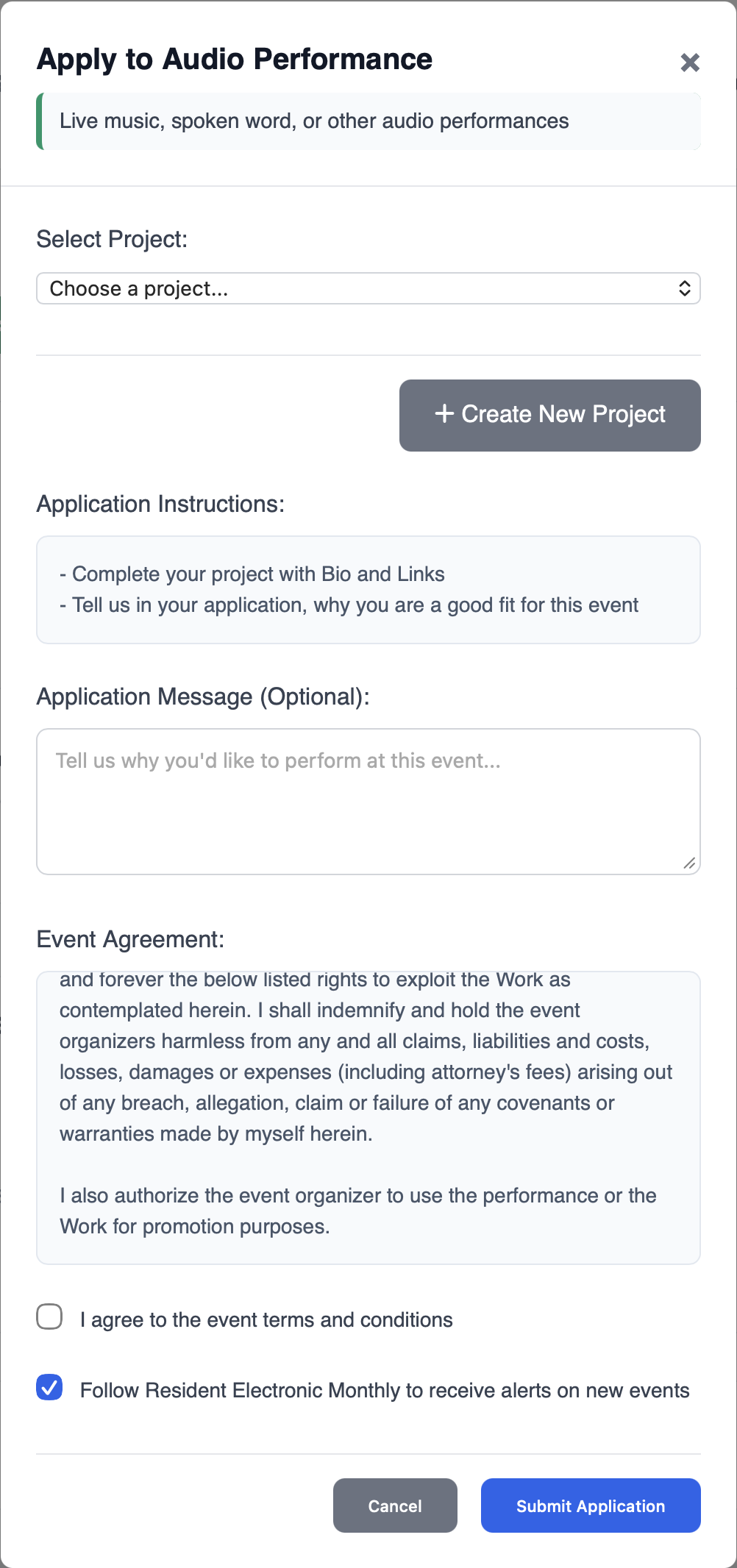 Apply to Audio Performance – application window with Application Instructions and Event Agreement