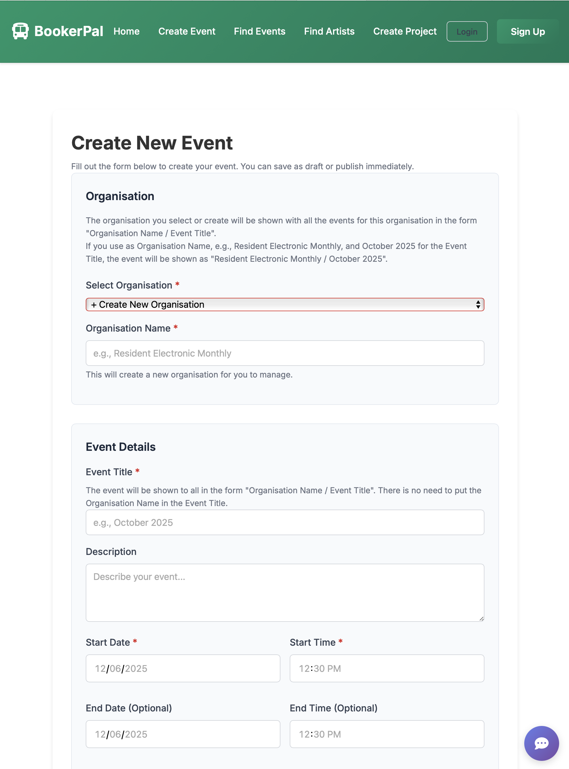BookerPal Create Event page