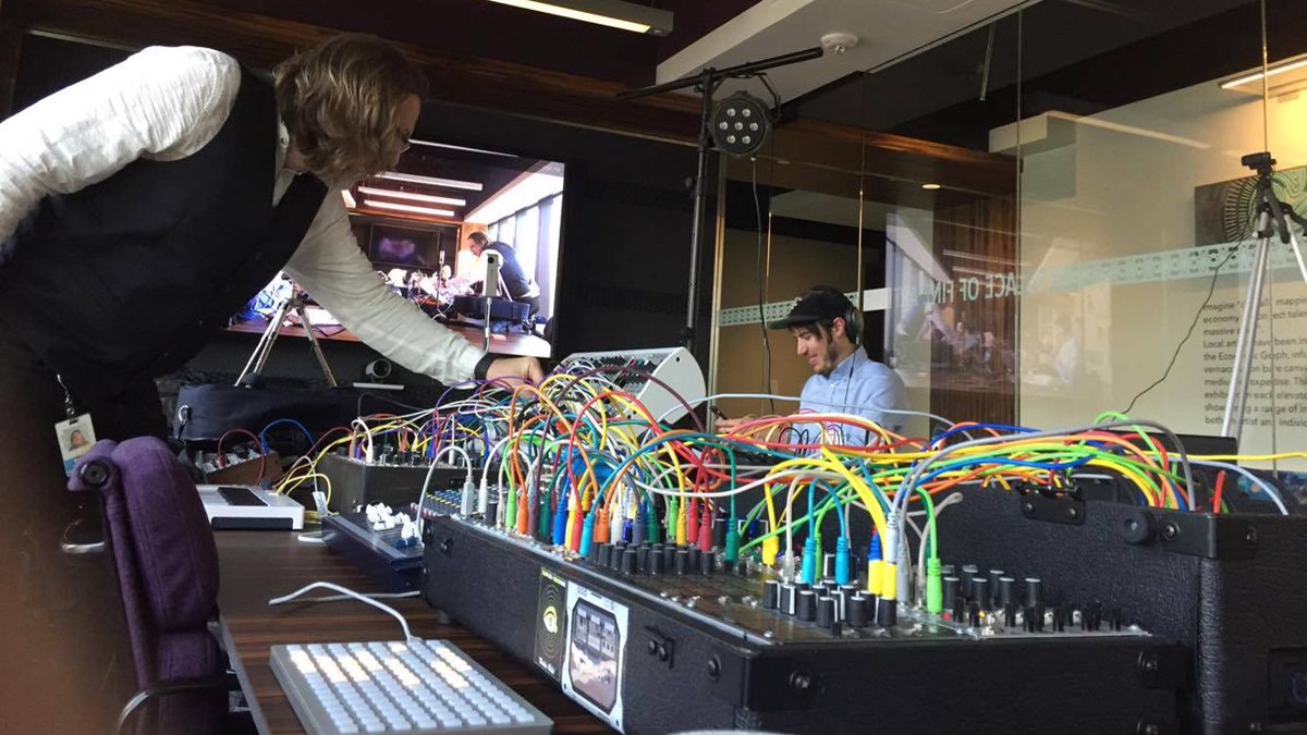 Modular synthesizer during streamed session at LinkedIn office with Danny Kim, R Beny and others